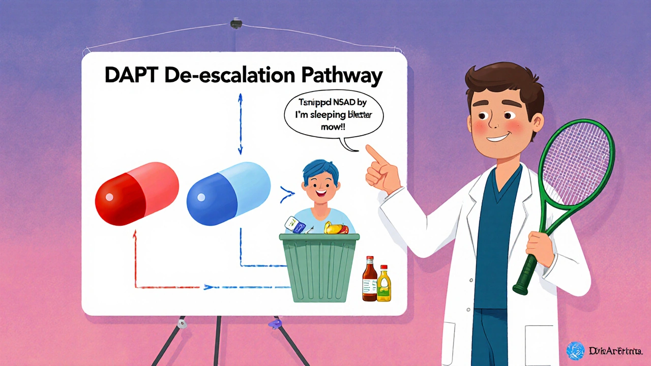 A flowchart showing DAPT de-escalation from ticagrelor to clopidogrel to aspirin, with a happy patient exercising and discarded NSAIDs.