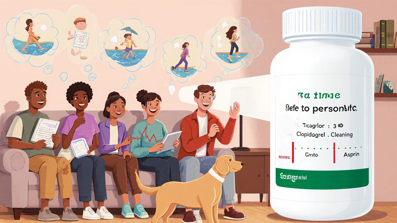 A group of patients enjoying daily life with floating icons of safe activities, guided by a personalized DAPT timeline from an AI bottle.