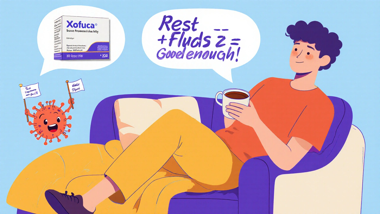 A healthy person resting at home with tea as a defeated flu virus waves white flag, in CalArts cartoon style.