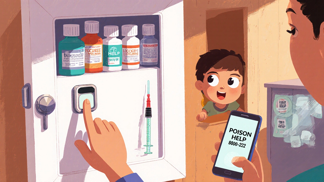 A locked medicine cabinet with a syringe and phone showing Poison Help number.