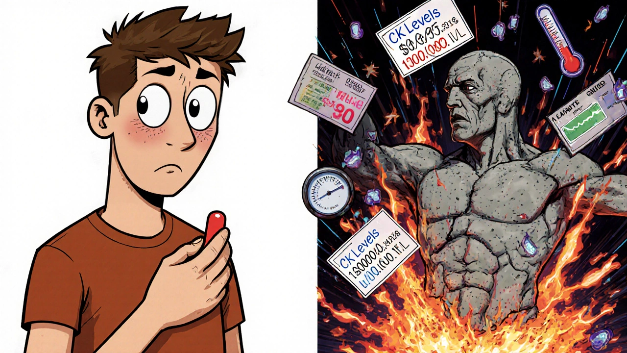 A man transforming into a cracking concrete statue as lab values spike around him.