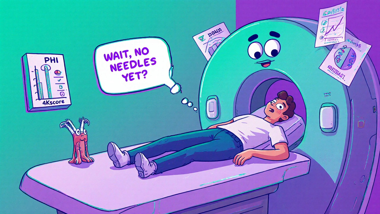 A man undergoing a friendly MRI scan while tiny biopsy needles hide in the corner, surrounded by labeled advanced test icons.