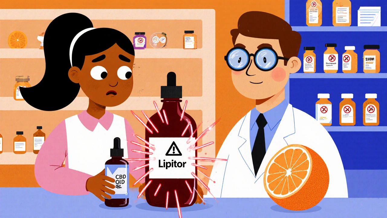 A patient and pharmacist at a pharmacy counter with CBD and grapefruit both glowing red as warning symbols.