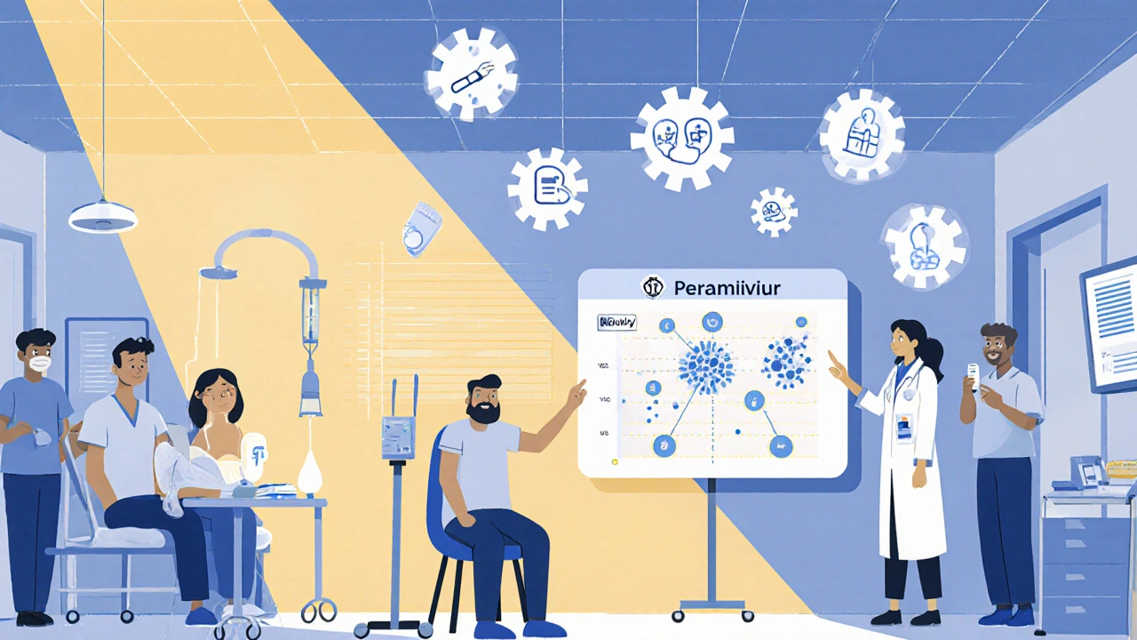 A patient receiving an IV flu treatment in a hospital, with animated virus-replication chart, in CalArts cartoon style.