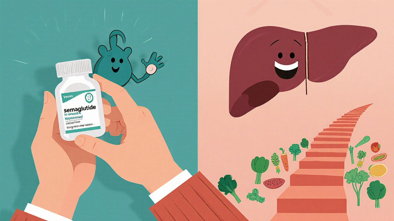 A person holding a medication bottle with a friendly molecular sidekick, showing liver improvement.