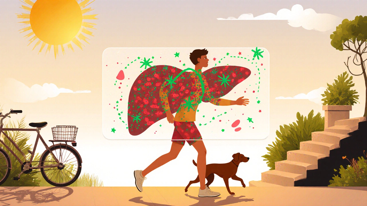 A person walking under sunlight, with their liver transforming from inflamed to healthy behind them.