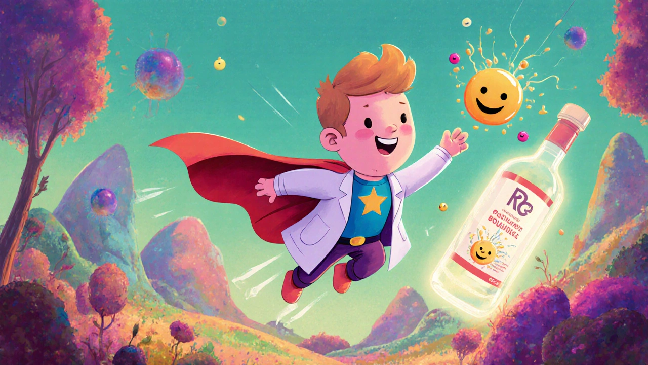 A probiotic superhero flying through a colorful intestine, fighting bad bacteria