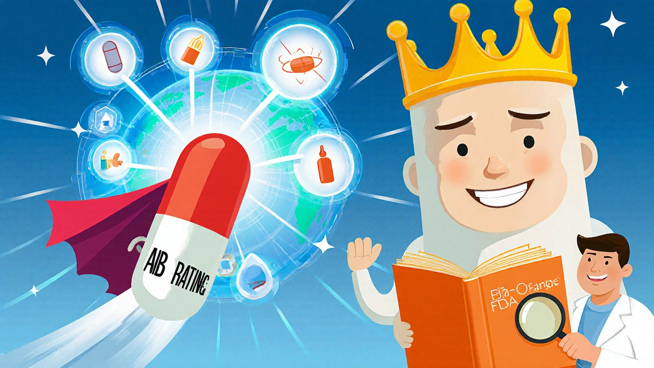 A superhero generic pill flying past a crown-wearing brand-name pill, with medical devices connected by glowing bridges.