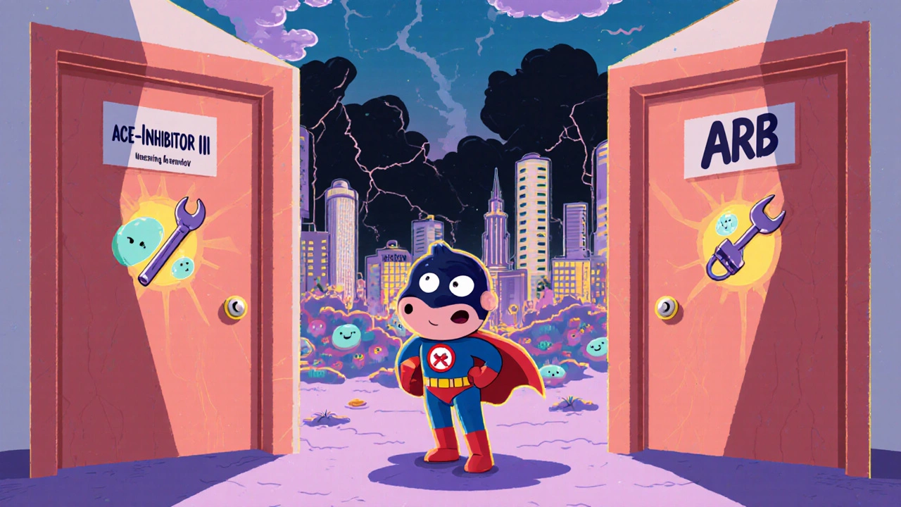 Angiotensin II blocked by two doors as a healthy kidney glows beside a damaged one.