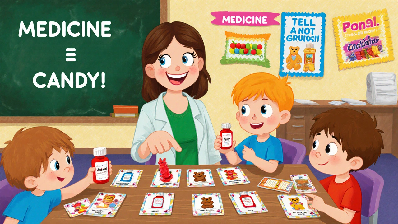Children play a medicine vs. candy matching game in a colorful classroom.