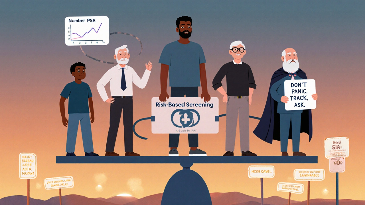 Diverse men on a risk-based screening scale, one with a floating PSA number, another with a trailing graph, guided by a wise cartoon prostate.
