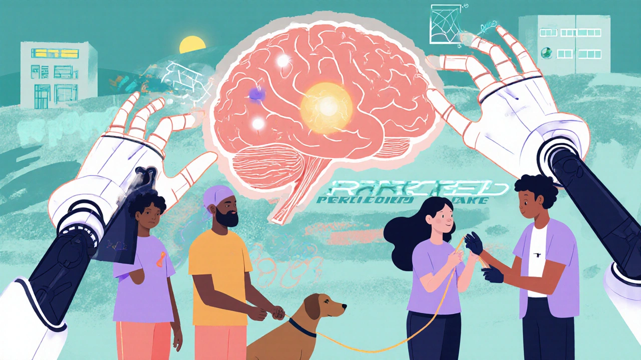 Diverse patients receiving injections in a futuristic clinic with holographic biomarker displays and a thymectomy scar visible.