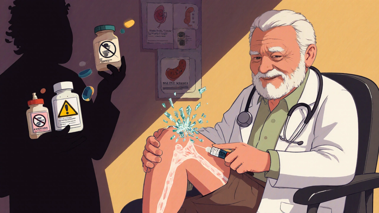 Doctor giving steroid injection to elderly patient&#039;s knee, uric acid crystals shattering, no pills visible.