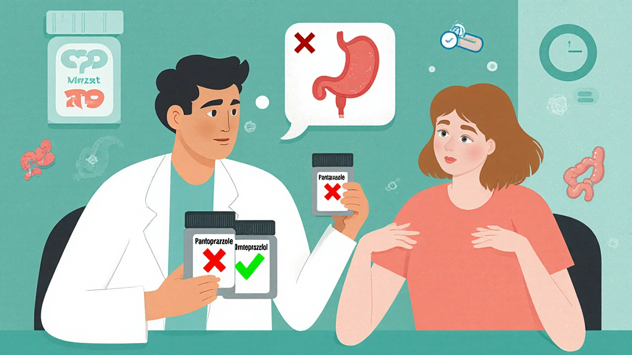Doctor holding two pills, green check on pantoprazole, red X on omeprazole, with enzyme icon showing blocked clopidogrel activation.