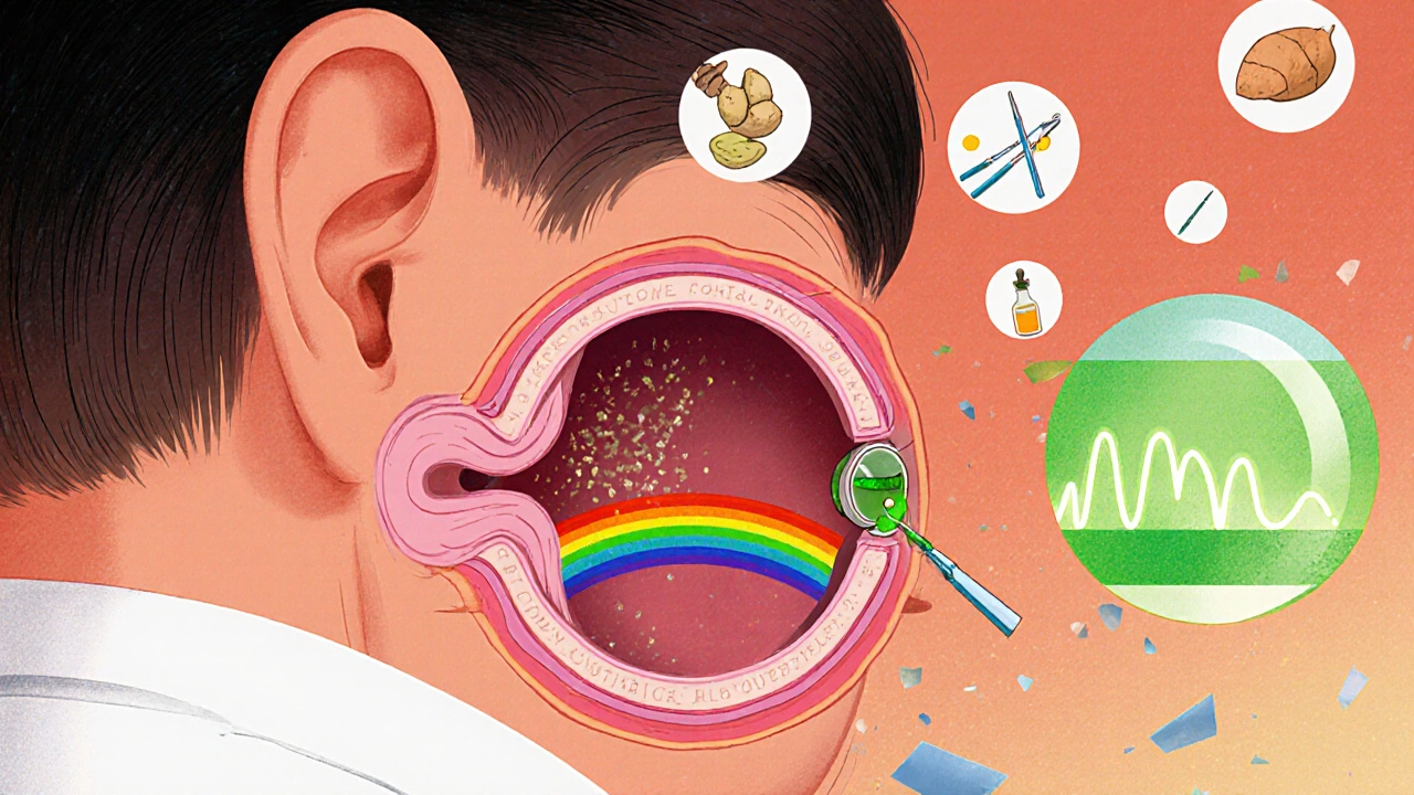 Doctor injecting steroid directly into inner ear while failed treatments crumble around them.