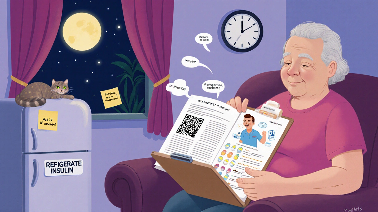 Elderly person reading large-print medication guide with QR code projecting animated pharmacist instructions.