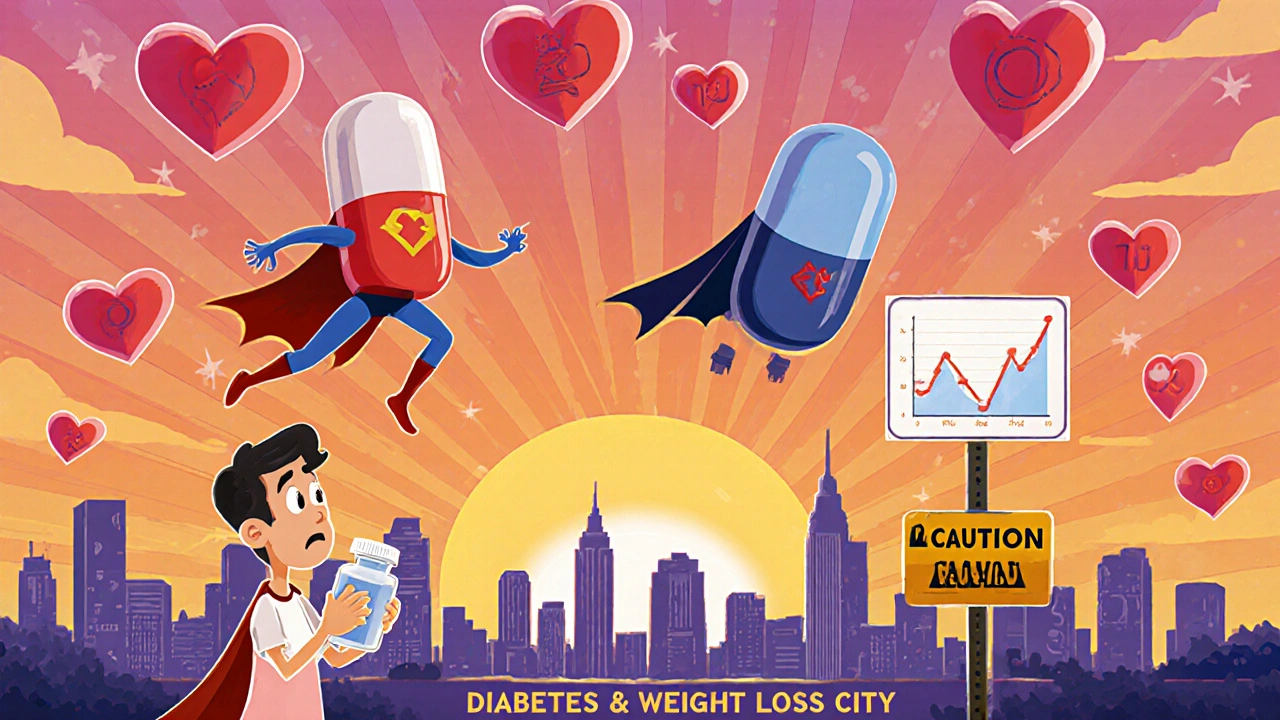 Metformin and SGLT2 inhibitor superheroes fly past heart icons as a patient watches a GLP-1 vial with caution.