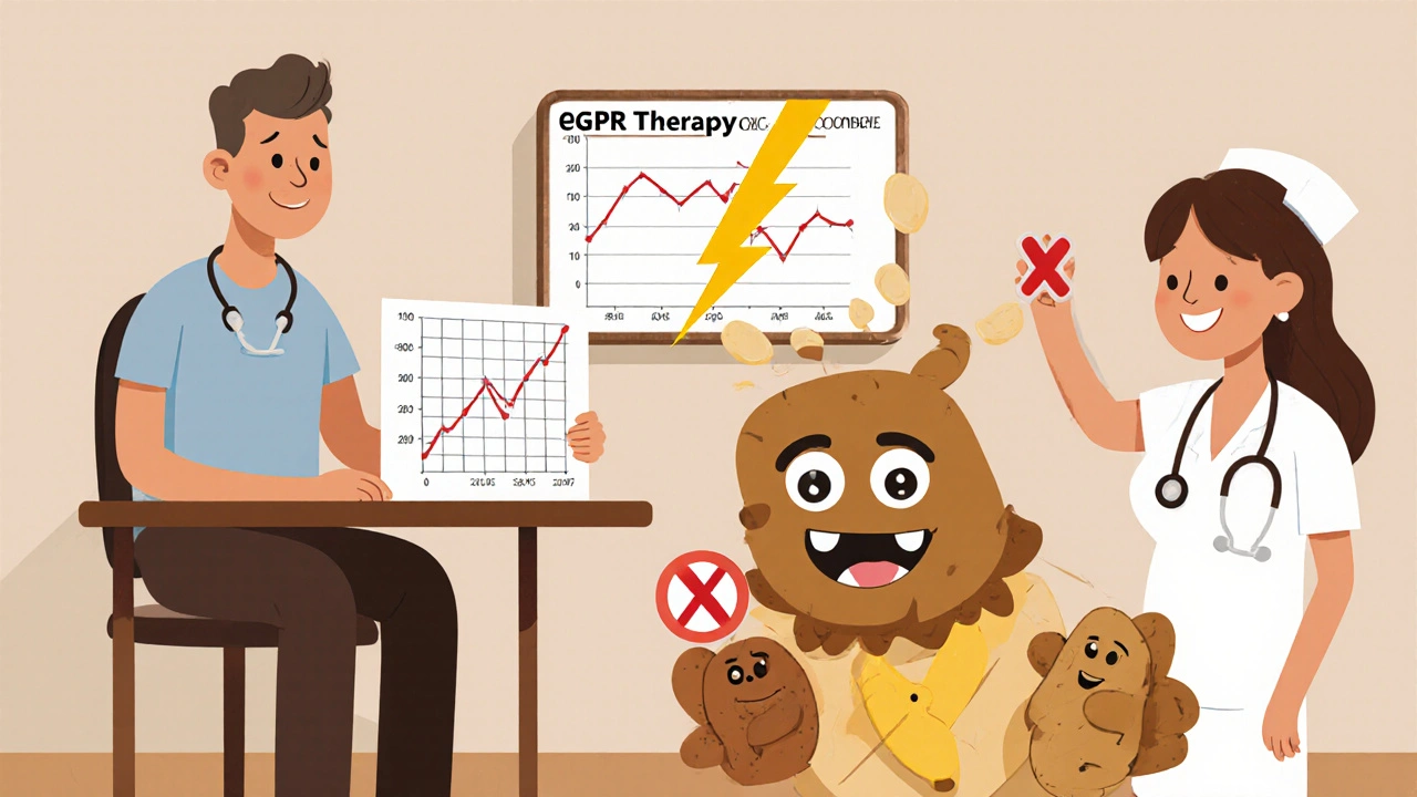 Patient with rising kidney function as dual therapy monster is zapped by warning lightning.