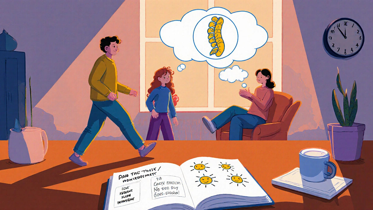 Person doing daily movement and breathing exercises at home with a pain journal open nearby.