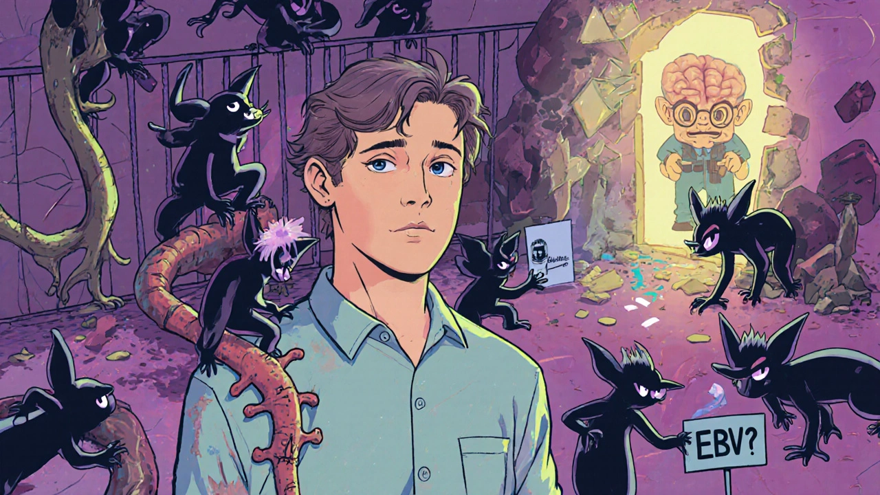 Person surrounded by mischievous immune cells attacking nerves, with EBV virus watching.