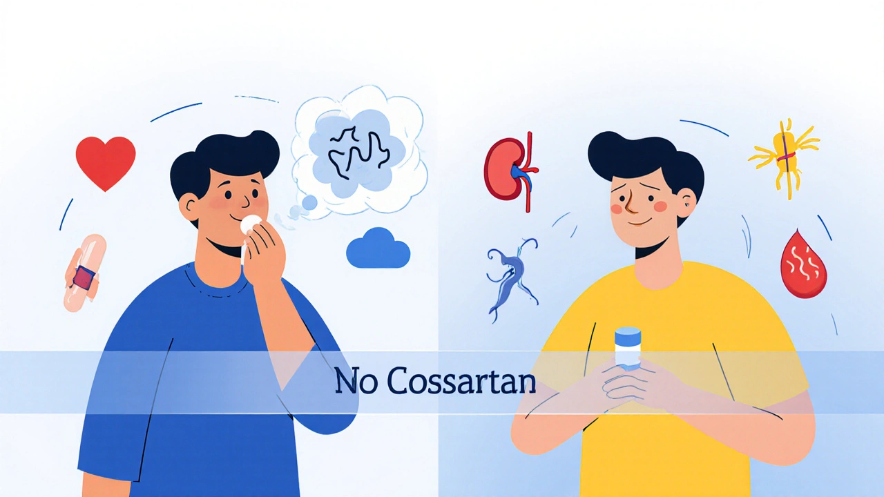 Person with dry cough next to same person feeling better on losartan, side-by-side