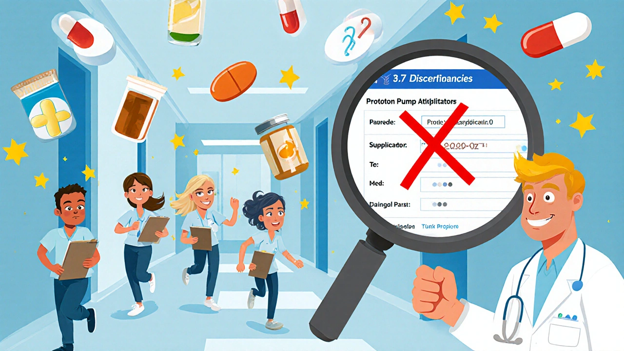 Pharmacy technicians chase floating medication icons through a hospital hallway as a pharmacist crosses out an unnecessary pill with a red X.