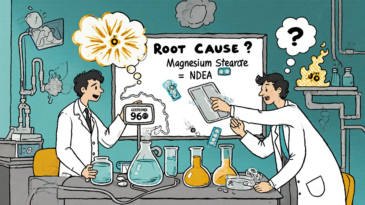 Scientists chasing nitrosamine molecules in a chaotic lab, with a blister pack leaking smoke and a whiteboard showing NDEA.