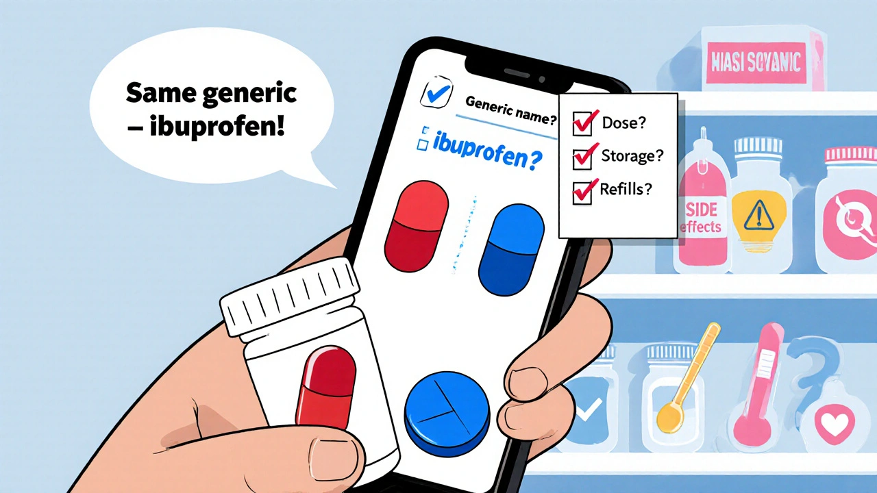 Side-by-side comparison of two different-looking pills with pharmacist explaining they are the same generic medicine.