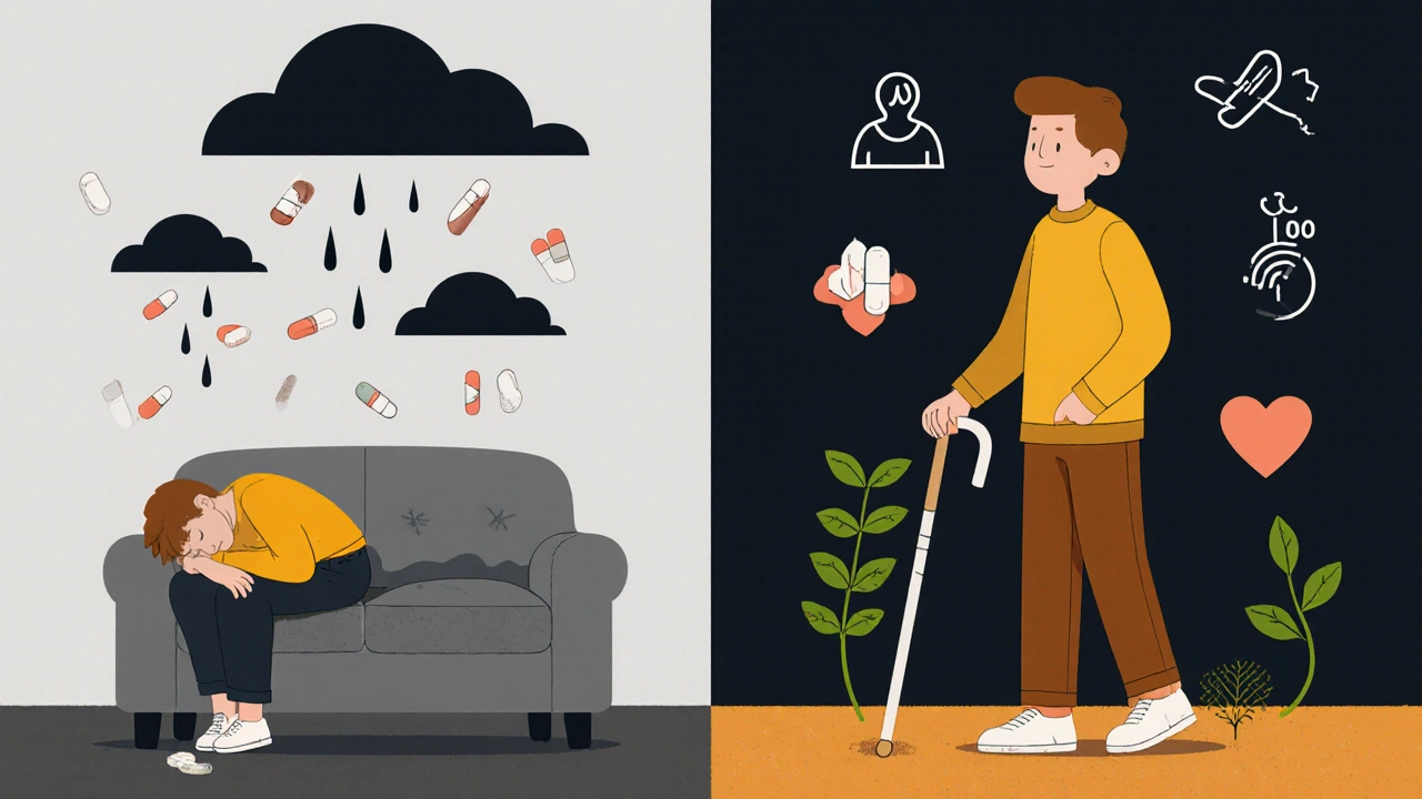 Split image: person trapped by opioid pills vs. person empowered by movement and mindfulness.