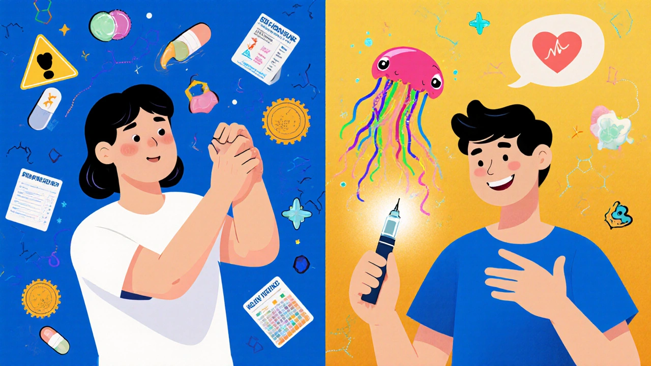 Split scene: patient weighed down by steroids vs. same person empowered by antibody-dissolving injections.