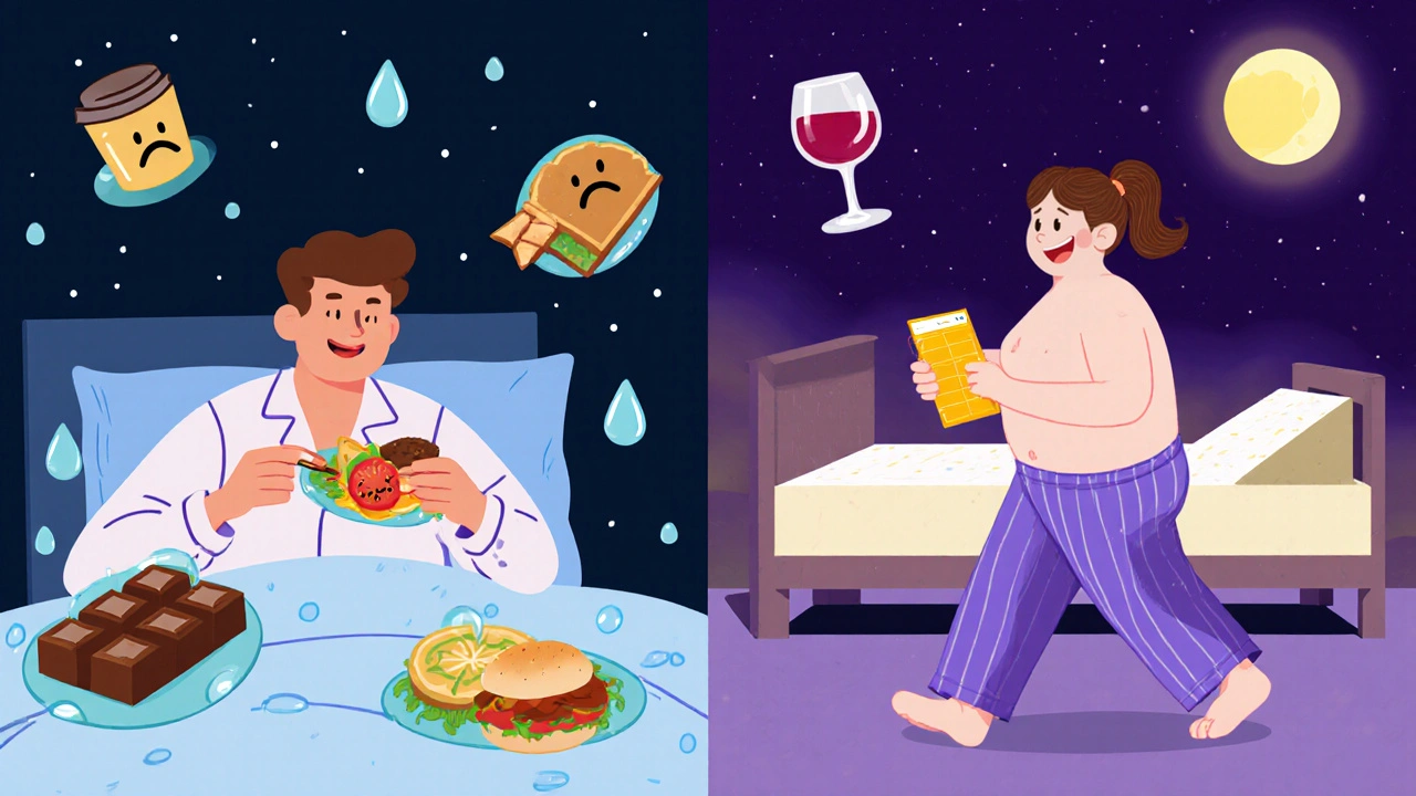 Split scene: person eating late vs. healthy lifestyle with food diary and elevated bed.