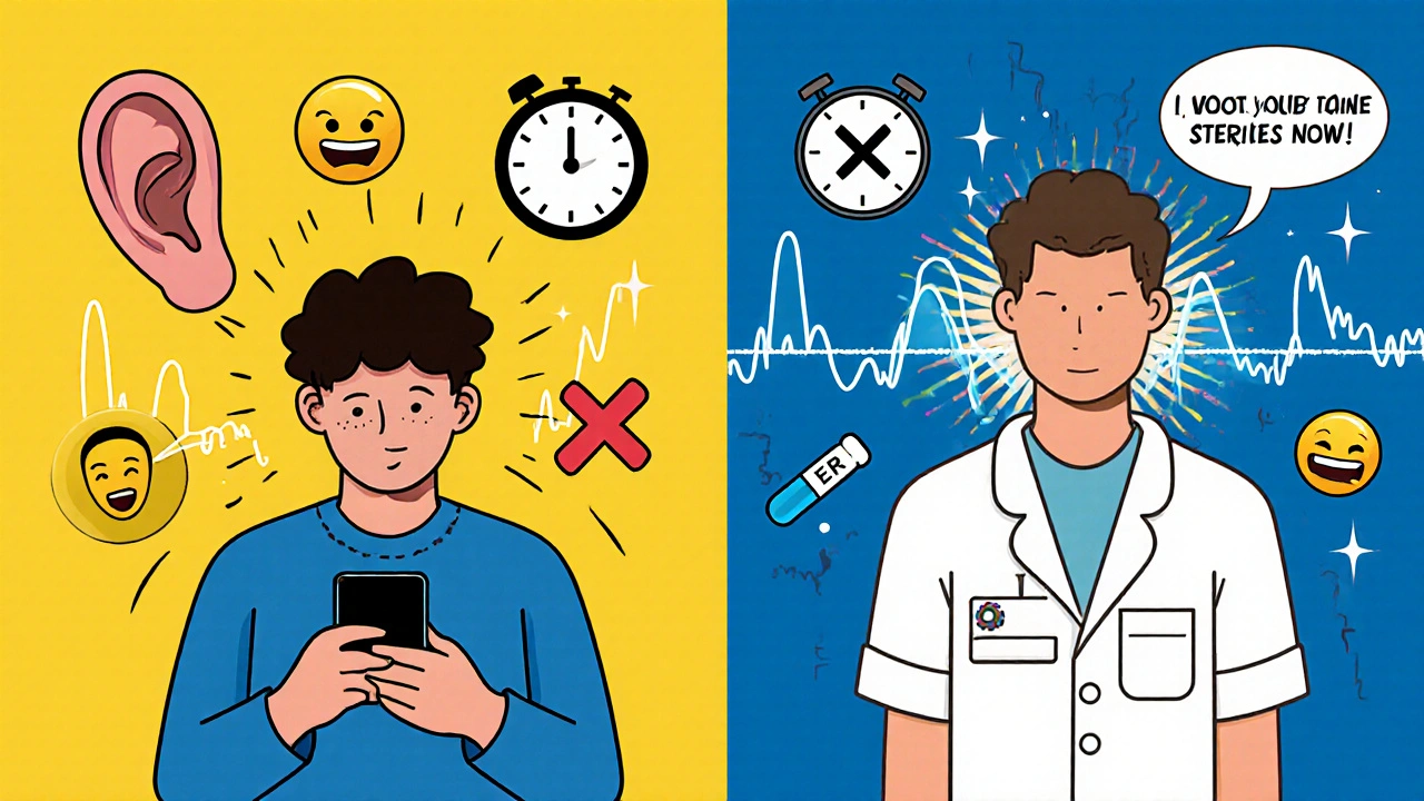 Split scene: person ignoring hearing loss vs. receiving steroids in ER with recovering sound waves.