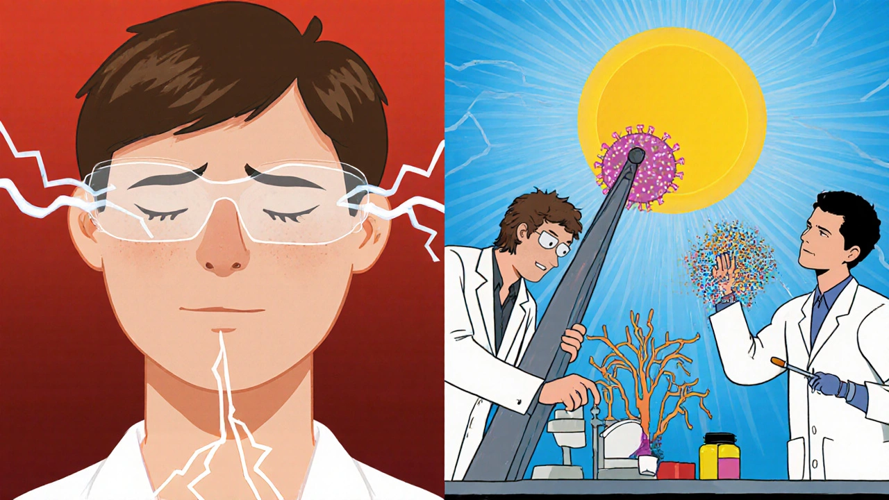 Split scene: person with MS symptoms on one side, scientists removing harmful immune webs on the other.