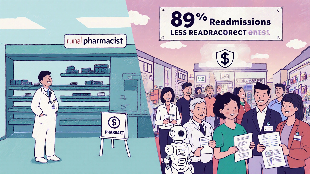 Split scene: rural hospital with no pharmacist vs. urban hospital with a full team and AI tools helping patients understand their meds.