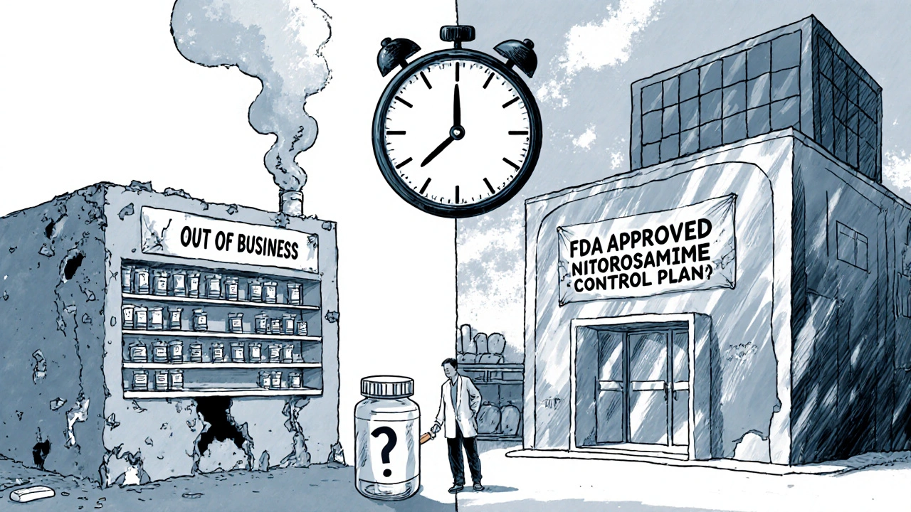 Split scene: small drug company failing vs. large company approved, patient holding uncertain pill bottle.