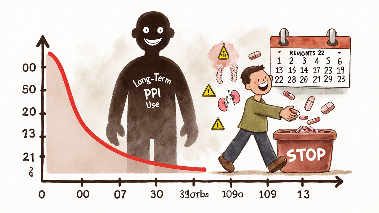 Timeline showing GI bleed risk dropping after 3 months, patient discarding PPI at 12 months with warning icons in background.