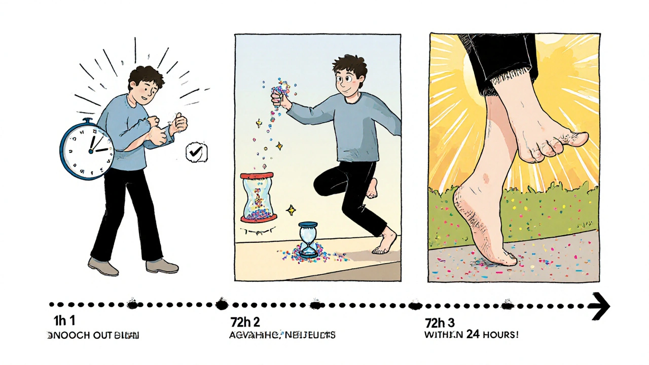 Timeline showing gout treatment progress: pain, pill, then dancing barefoot with dissolving crystals.