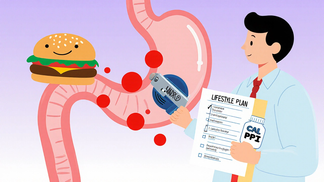 Tiny magnetic device blocking acid in esophagus while burger passes through, doctor holding pill and checklist.