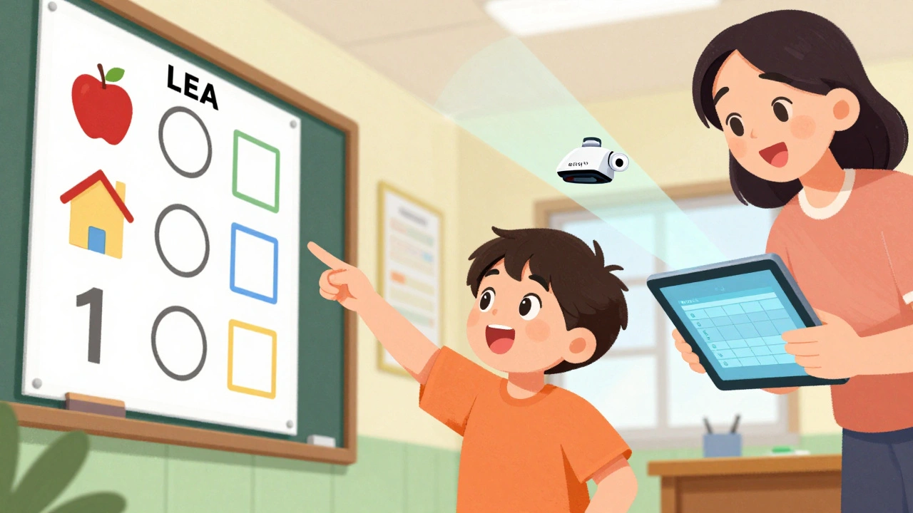 A child identifying shapes on a vision chart with a handheld screening device nearby.