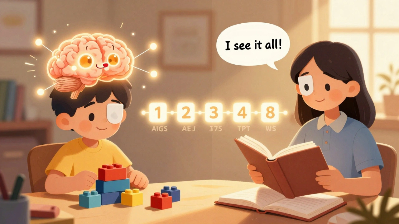 A child wearing an eye patch grows into a confident student seeing clearly.