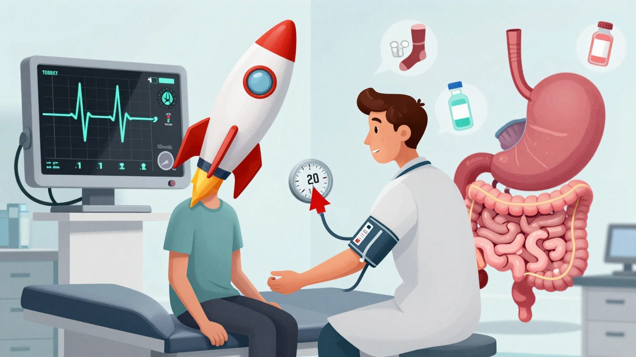 A doctor checking a patient&#039;s heart rate and blood pressure during a standing test, with digestive organs visibly affected.