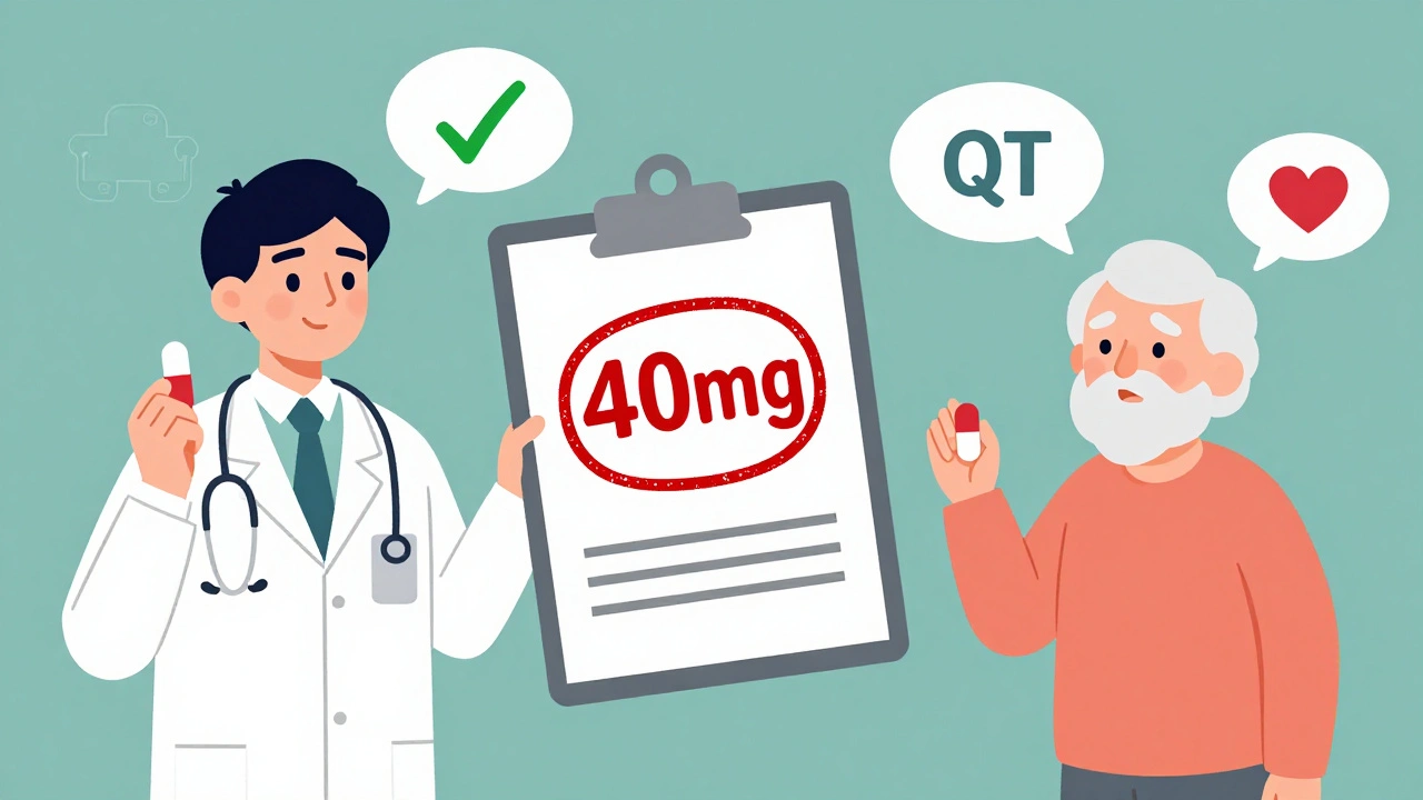 A doctor crossing out a 40mg dose label while two patients hold safe doses of escitalopram, one young and one elderly.
