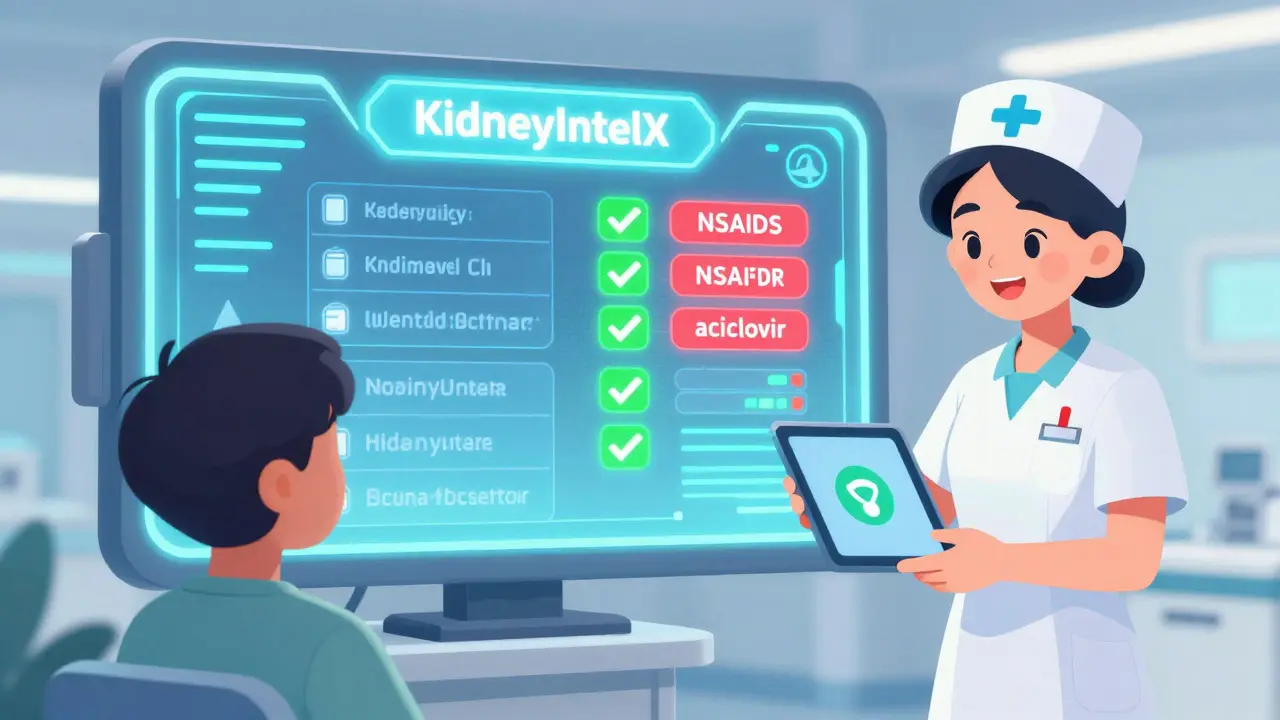 A futuristic screen showing an AI app flagging unsafe kidney medications while a nurse hands a patient a tablet.