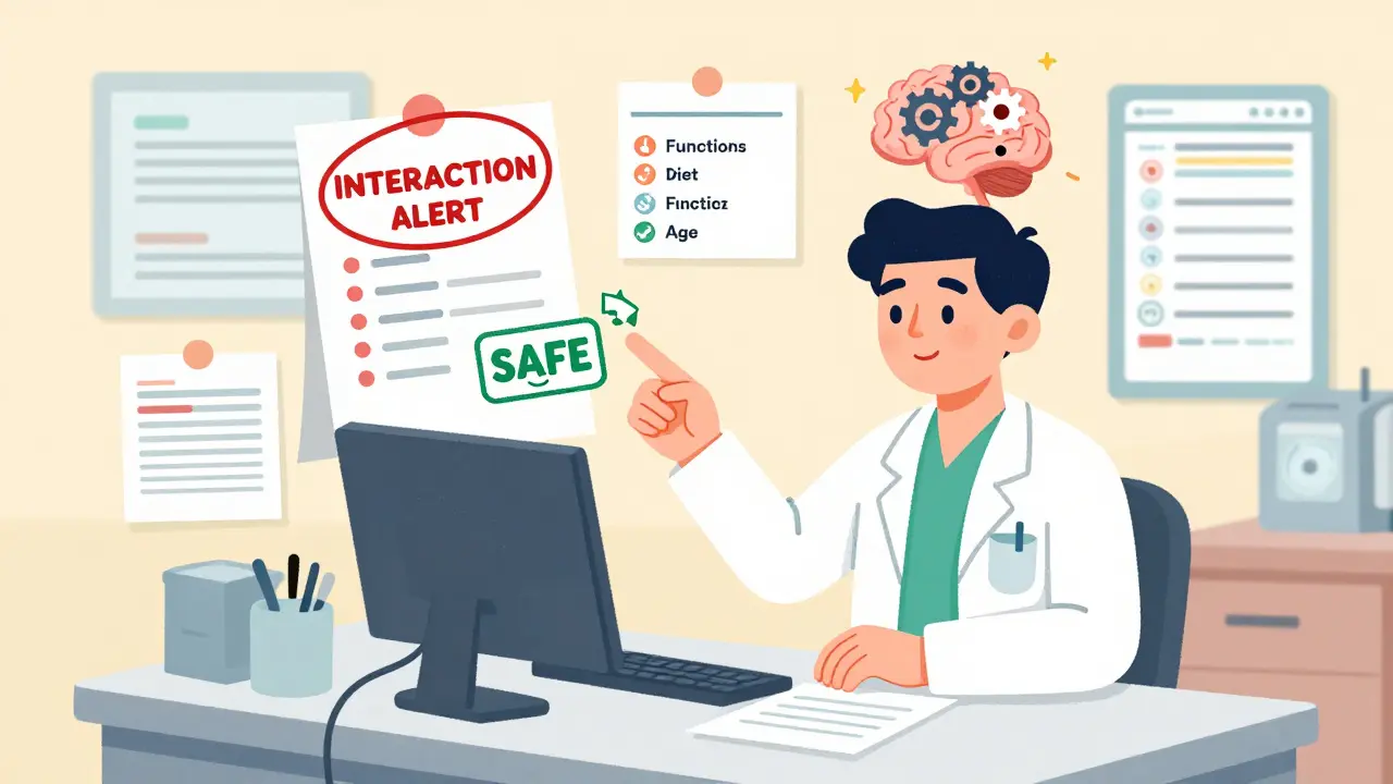 A hospital pharmacist calmly resolving medication interactions using patient charts and lab data in a simplified, expressive style.