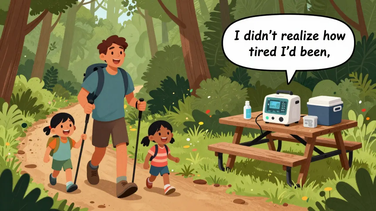 A patient hiking with grandchildren, showing improved energy thanks to home hemodialysis.