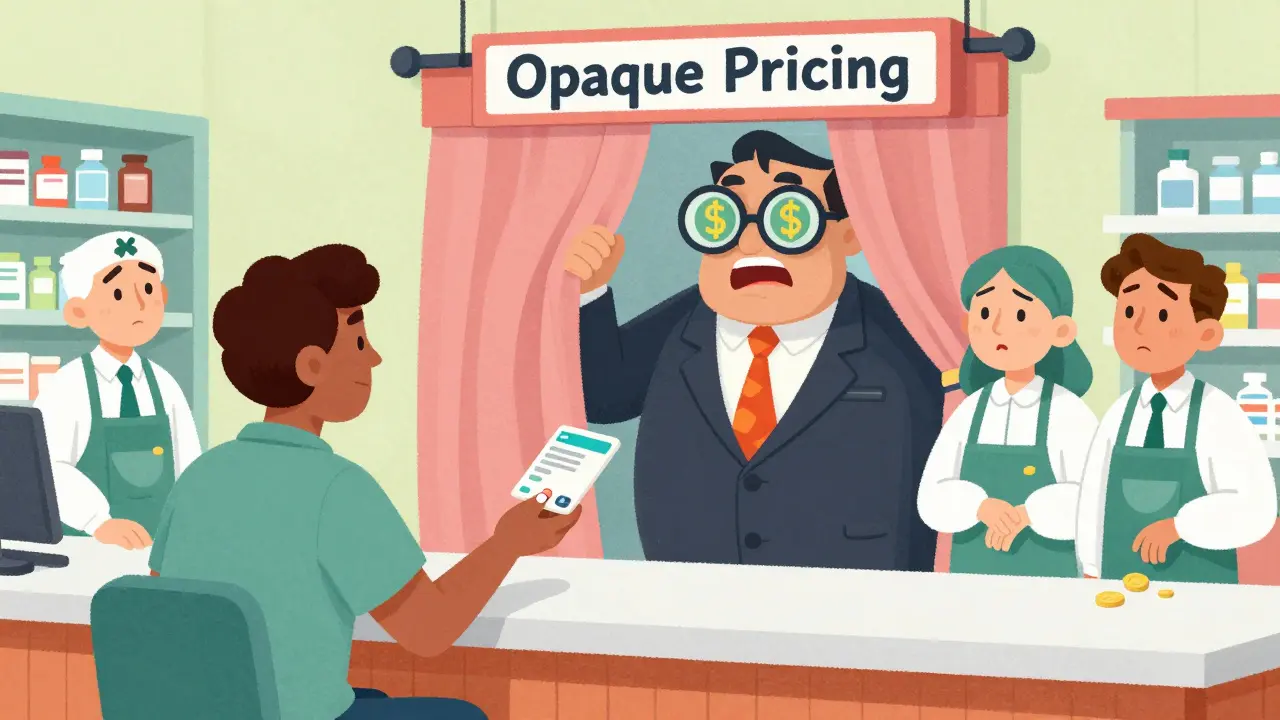 A patient receiving a generic pill while a PBM middleman takes a rebate, pharmacists losing money behind the counter.