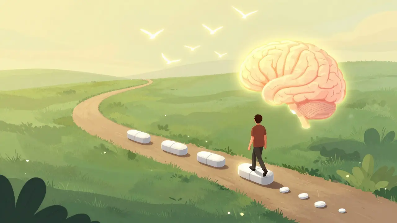 A person walking a path of shrinking pill halves as their brain regains color and light, symbolizing safe tapering.