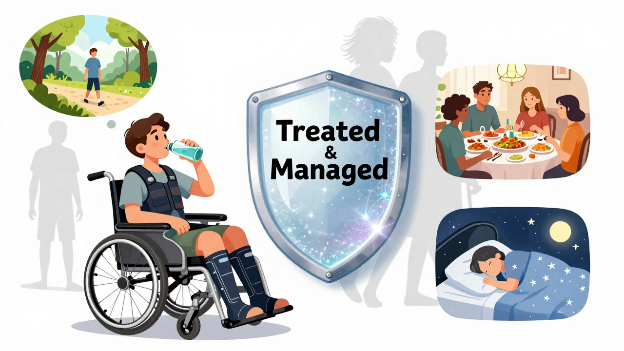 A person wearing compression gear and drinking electrolytes, surrounded by symbols of a managed, active life.