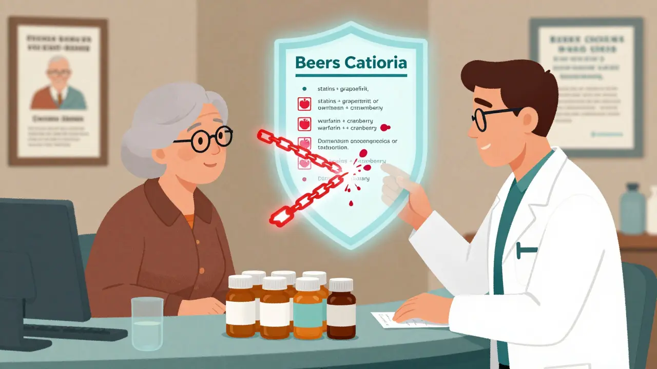 A pharmacist reviewing medications with an older woman as a protective Beers Criteria list glows above them.