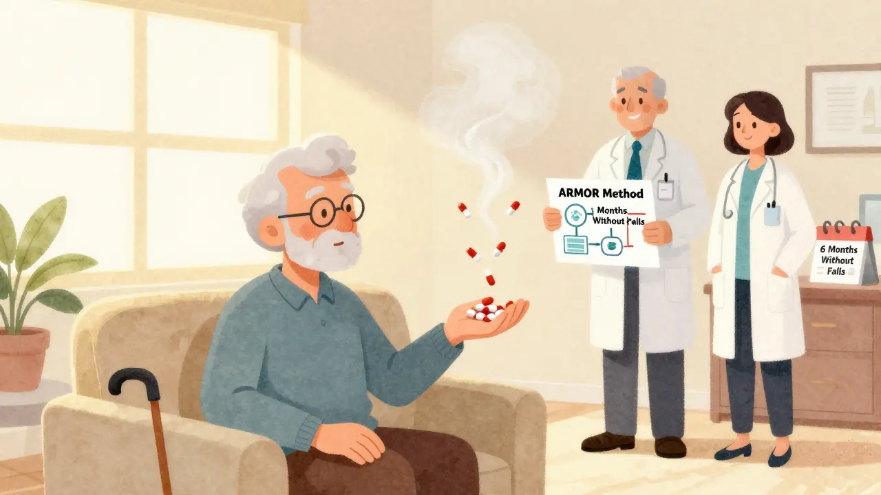 A senior holds only seven pills while twelve others dissolve into smoke, smiling with caregivers nearby.